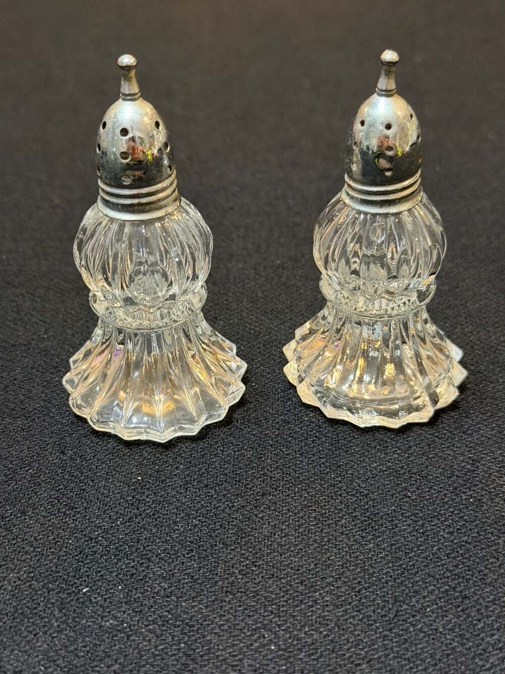 Vintage Irice Ribbed Pressed Glass Salt and Pepper Shakers with Chrome Tops